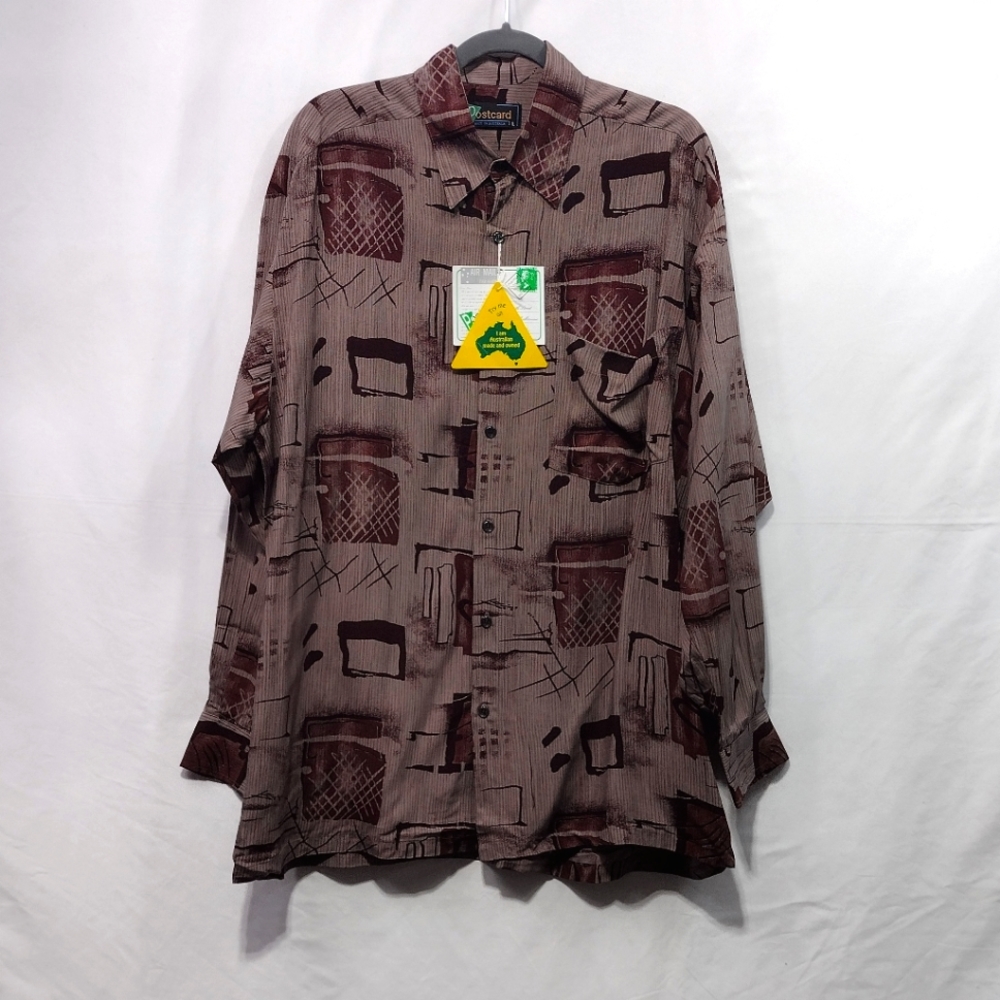 NWT Postcard Australia Graphic Button Up Shirt Men's L Brown Red Artsy Retro 90s